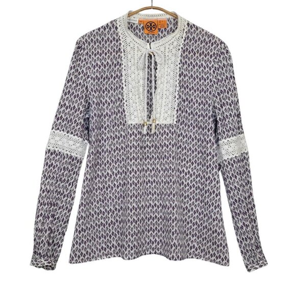 Tory Burch Purple & White Cotton Print with Lace Tunic Top Size 10 - Picture 2 of 9